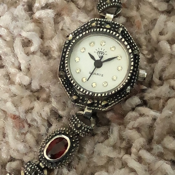 Vintage Japan Sterling Silver Garnet Diamond Red Gemstone Marcasite Tennis Watch - Picture 3 of 7